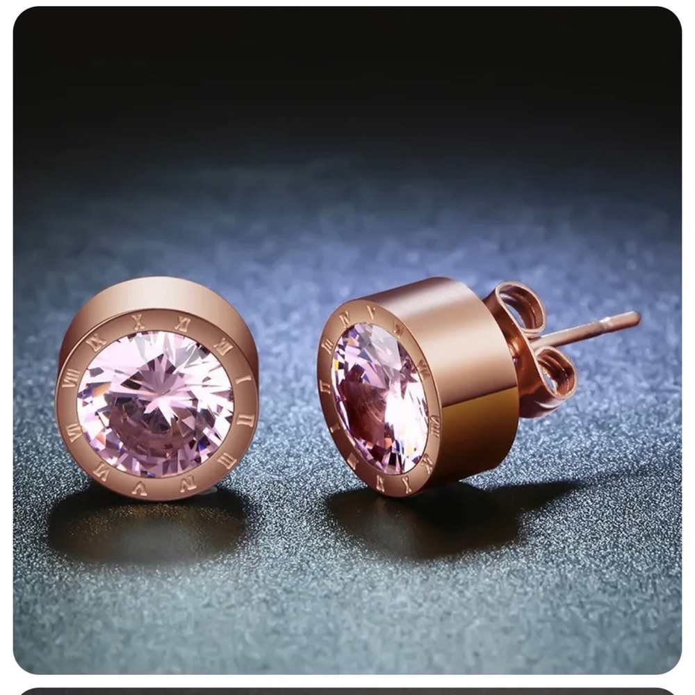 Rose Gold Round Pink Crystal Anti Allergic Stainless Steel Earrings
